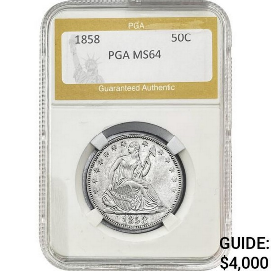 1858 Seated Liberty Half Dollar PGA MS64