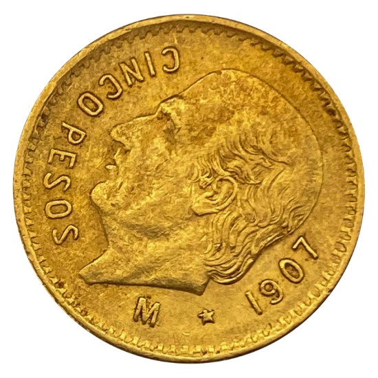 1907 Mexico Gold Cinco Pesos, .1206 oz agw
