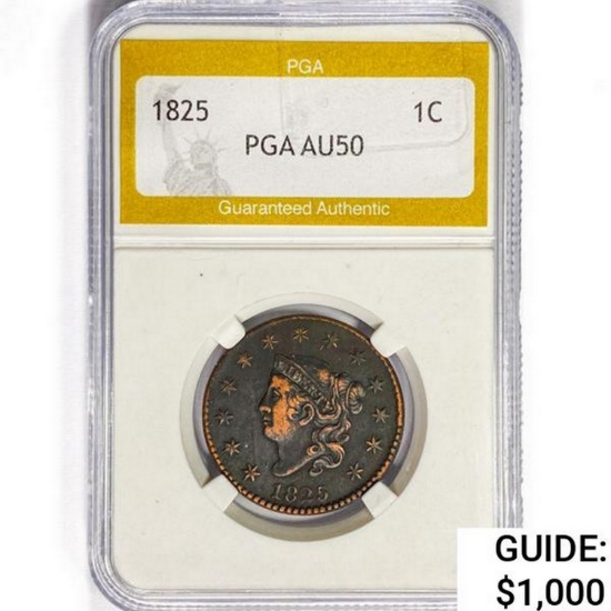 1825 Coronet Head Large Cent PGA AU50