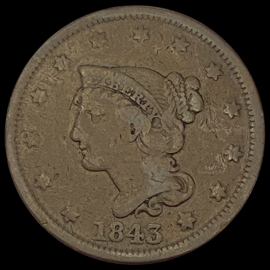 1843 Braided Hair Large Cent NICELY CIRCULATED