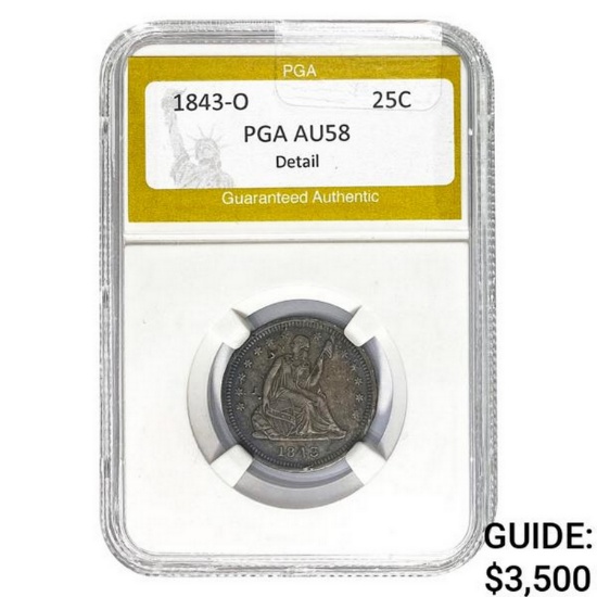 1843-O Seated Liberty Quarter PGA AU58