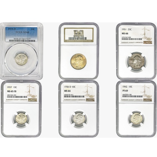 1937-1962 Gem BU US SIlver Coinage Lot [6 Coins] PCGS/NGC MS/PF65-69