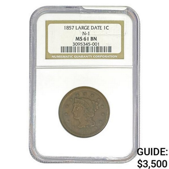 1857 Braided Hair Large Cent NGC MS61 BN Lg Date