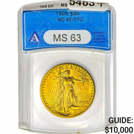 1908 $20 Gold Double Eagle ANACS MS63 No Motto