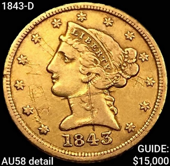 1843-D $5 Gold Half Eagle