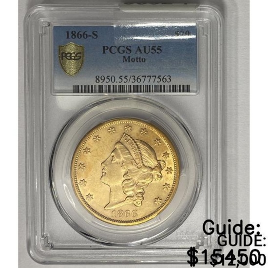1866-S $20 Gold Double Eagle PCGS AU55