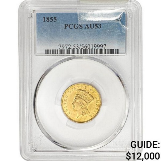 1855 $3 Gold Piece PCGS AU53
