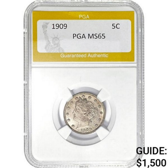 1909 5C Liberty Head Nickel PGA MS65