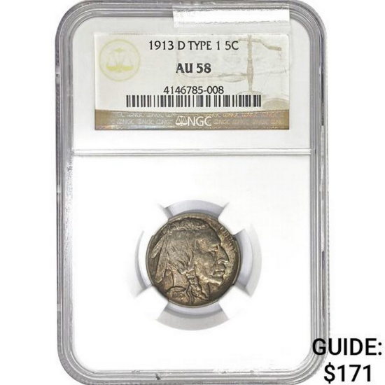 1913-D Type 1 5C NGC AU58