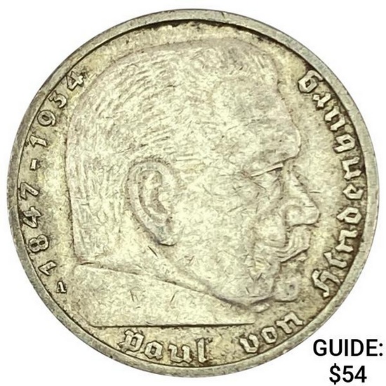 1937-A Germany Silver 5 Mark CLOSELY UNCIRCULATED