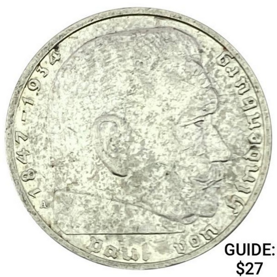 1939-A Germany Silver 2 Reichsmark CLOSELY UNCIRCULATED