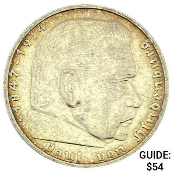 1936-F Germany Silver 5 Mark CLOSELY UNCIRCULATED