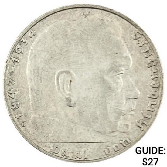 1937-J Germany Silver 2 Reichsmark CLOSELY UNCIRCULATED