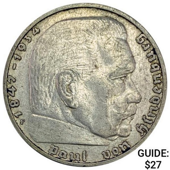 1937-F Germany Silver 2 Reichsmark CLOSELY UNCIRCULATED