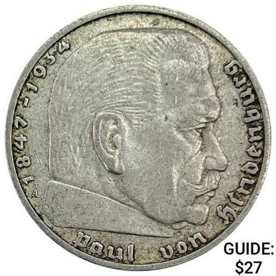 1937-A Germany Silver 2 Reichsmark CLOSELY UNCIRCULATED