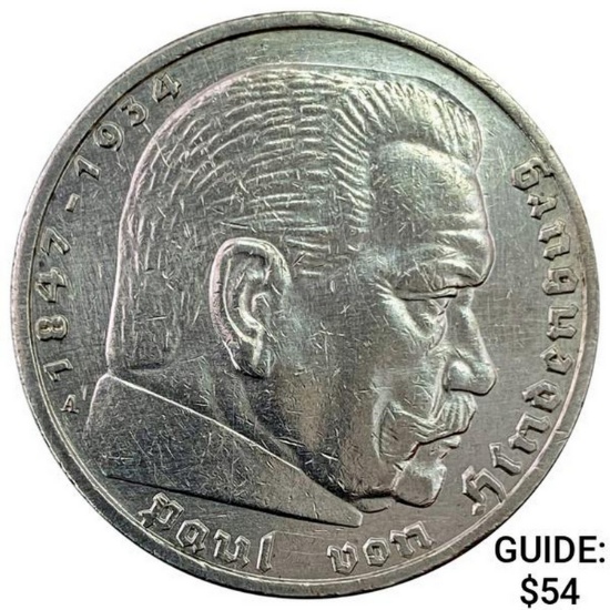 1938-A Germany Silver 5 Mark CLOSELY UNCIRCULATED