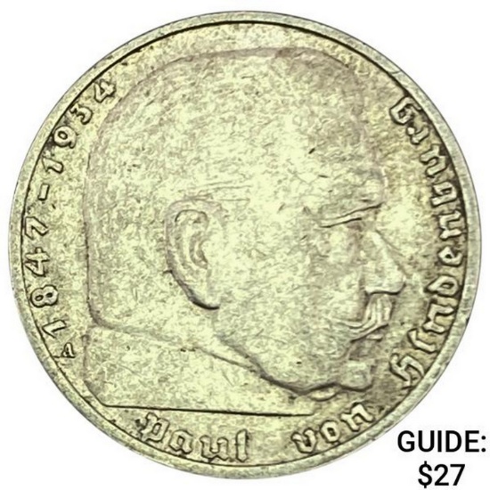 1937-A Germany Silver 2 Reichsmark CLOSELY UNCIRCULATED