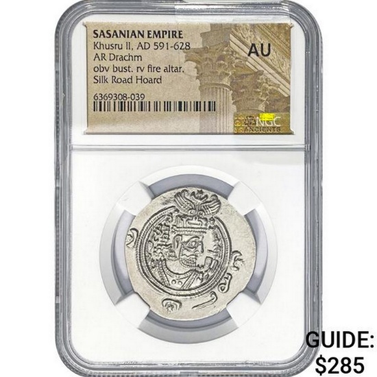 Sasanian Khusru II, AD 591-628 Silver Drachm NGC