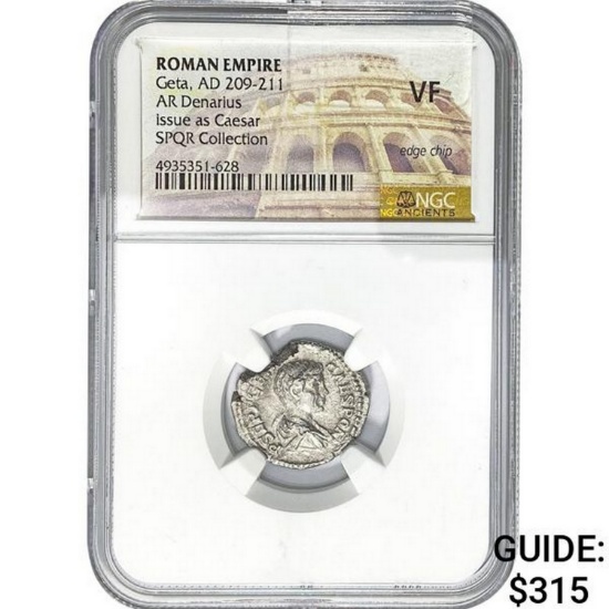Roman Geta, AD 209-211 Silver Denarius NGC VF