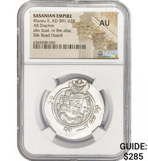 Sasanian Khusru II, AD 591-628 Silver Drachm NGC