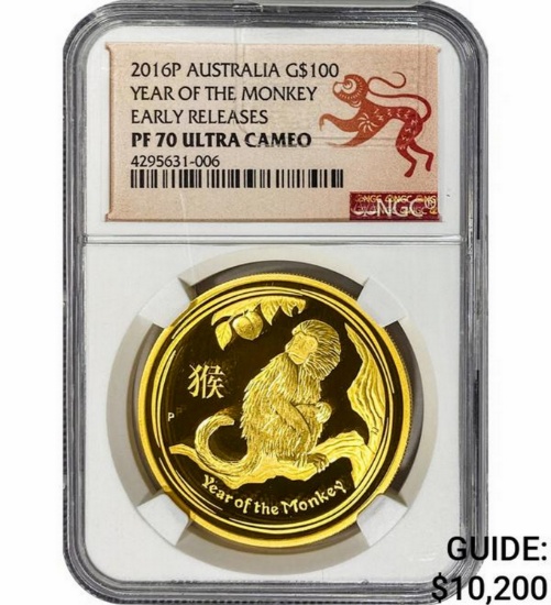 2016P Australia 1oz Gold $100 Monkey NGC PF70 UC