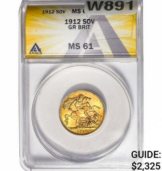 1912 G. Britain .2355oz Gold Sovereign ANACS MS61