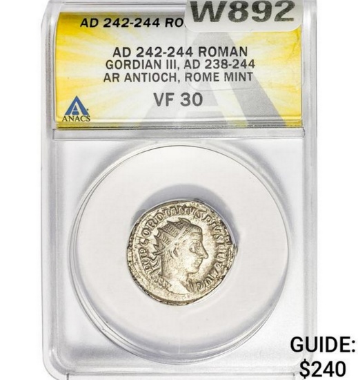 Roman Gordian III, AD 238-244 Silver Antioch ANACS
