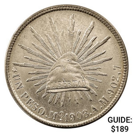 1908Mo AM Mexico Silver Peso CHOICE AU