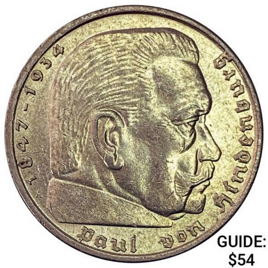 1938-A Germany Silver 5 Reichsmark UNCIRCULATED