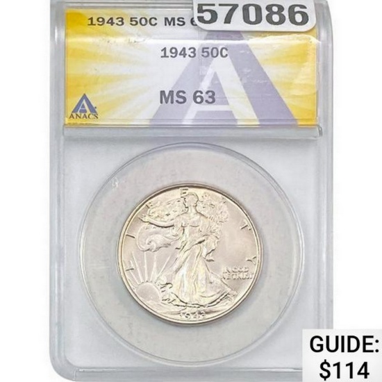1943 50C Walking Liberty Half ANACS MS63