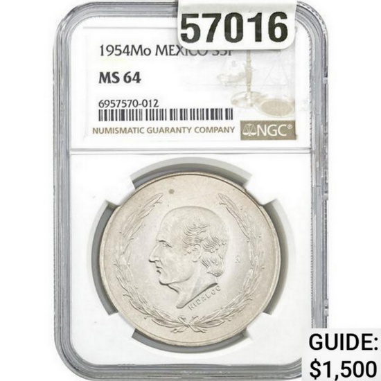 1954-Mo Mexico 5 Pesos NGC MS64