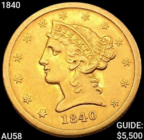 1840 $5 Gold Half Eagle CHOICE AU