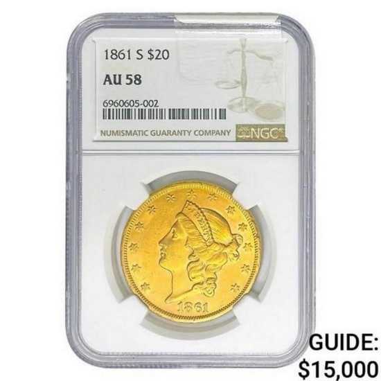 1861-S $20 Gold Double Eagle NGC AU58