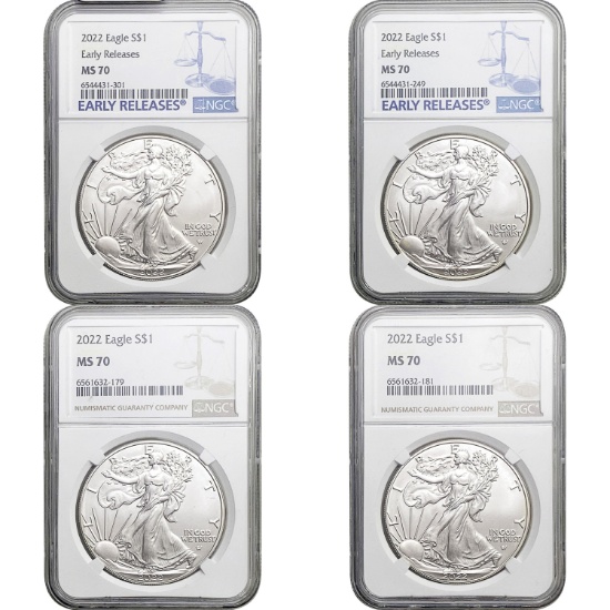 2022 American Silver Eagle Lot [4 Coins] NGC MS70