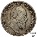 1877-F Wurttemberg Silver 2 Mark NEARLY UNCIRCULATED