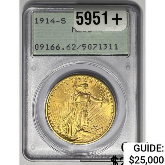 1914S $20 Gold Double Eagle PCGS MS62