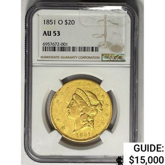 1851O $20 Gold Double Eagle NGC AU53
