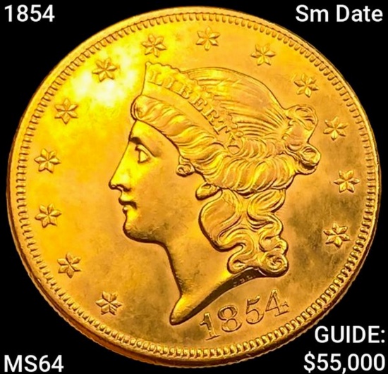 1854 Sm Date $20 Gold Double Eagle CHOICE BU