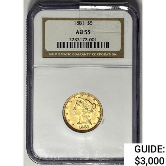 1881 $5 Gold Half Eagle NGC AU55