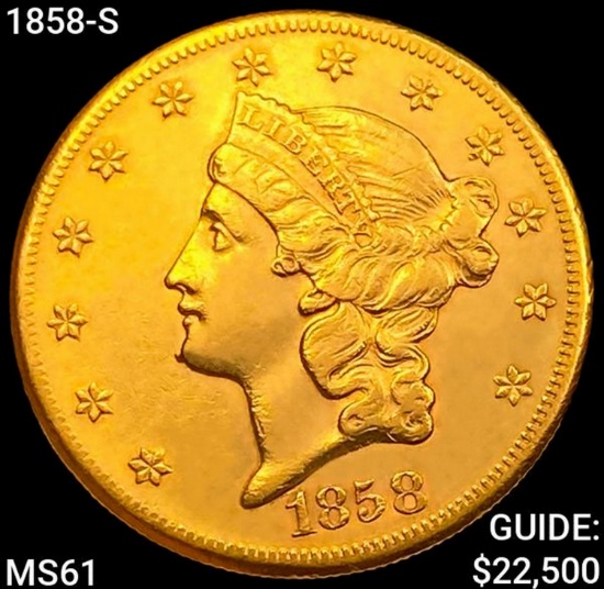 1858-S $20 Gold Double Eagle UNCIRCULATED