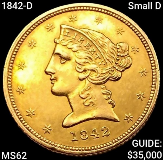 1842-D Small D $5 Gold Half Eagle UNCIRCULATED