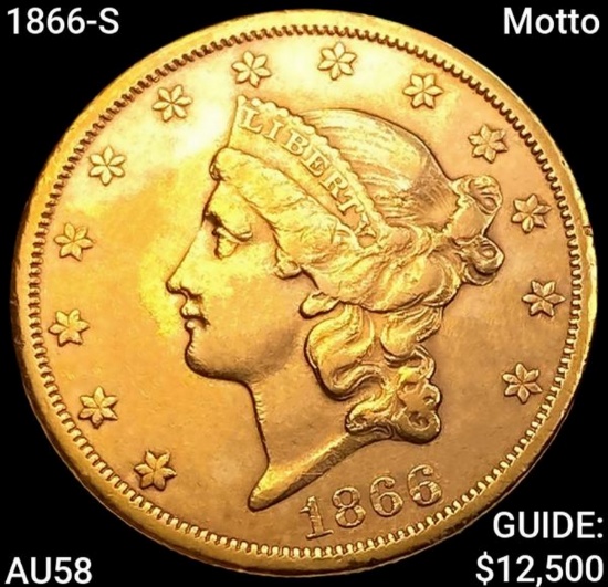 1866-S Motto $20 Gold Double Eagle CHOICE AU