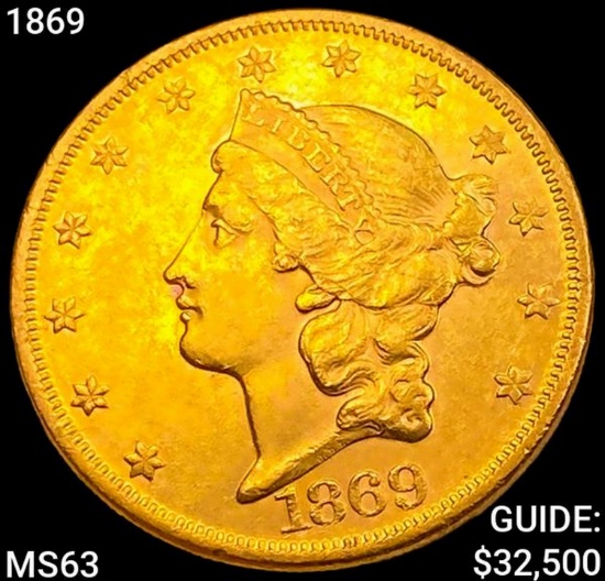 1869 $20 Gold Double Eagle CHOICE BU