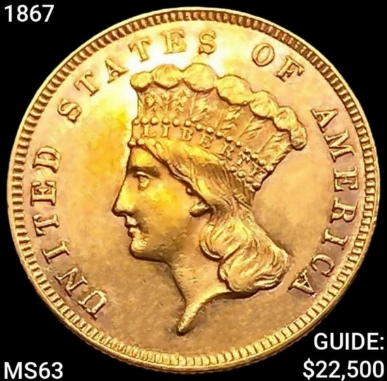 1867 $3 Gold Piece CHOICE BU