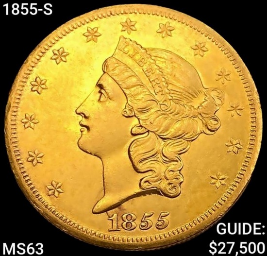 1855-S $20 Gold Double Eagle CHOICE BU