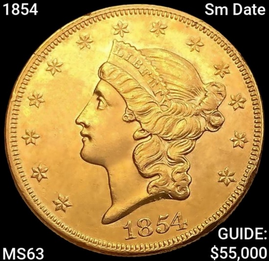 1854 Sm Date $20 Gold Double Eagle CHOICE BU