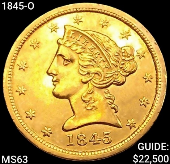 1845-O $5 Gold Half Eagle CHOICE BU