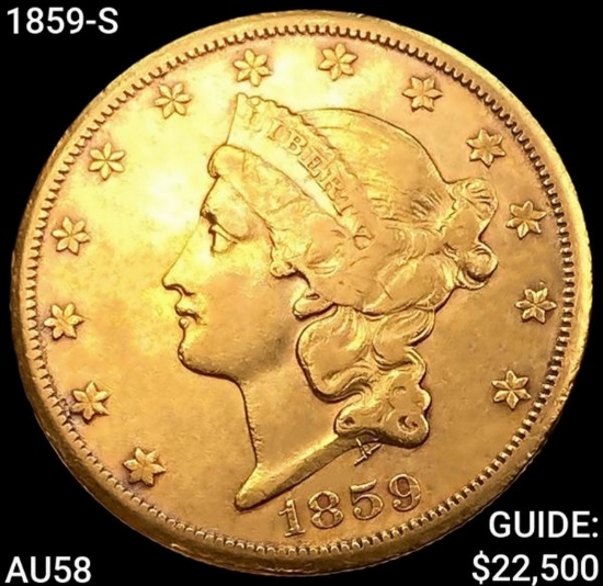 1859-S $20 Gold Double Eagle CHOICE AU