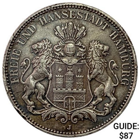 1908-J Hamburg Silver 3 Marks NEARLY UNCIRCULATED
