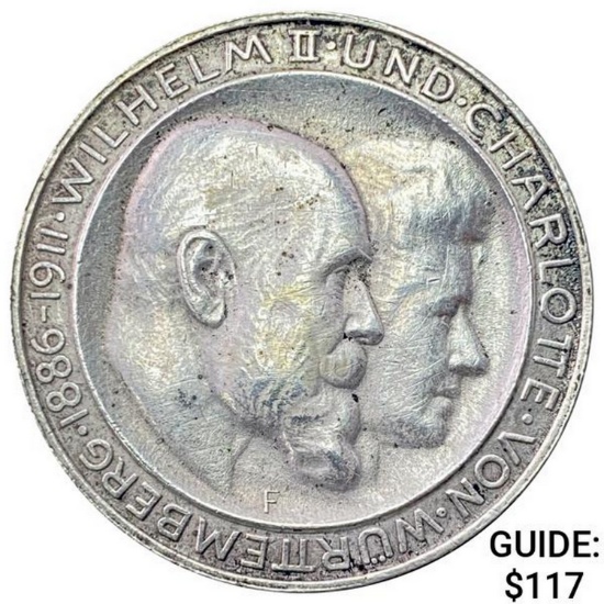 1911-F German States Silver 3 Mark NEARLY UNCIRCULATED